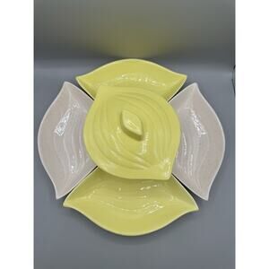 California Pottery Appetizer Tray Dish Yellow & White 6 pc Pottery L 34 USA MCM
